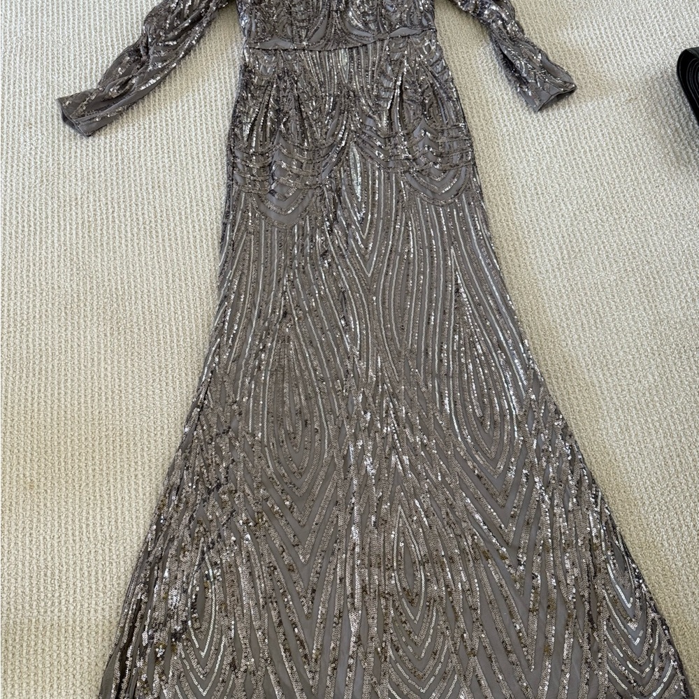 Adrianna Papell Silver Sequin Long Sleeve Gown